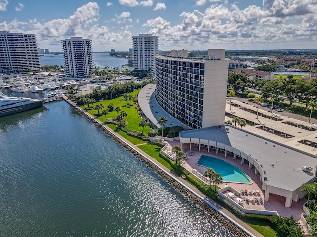 aerial view featuring a water view