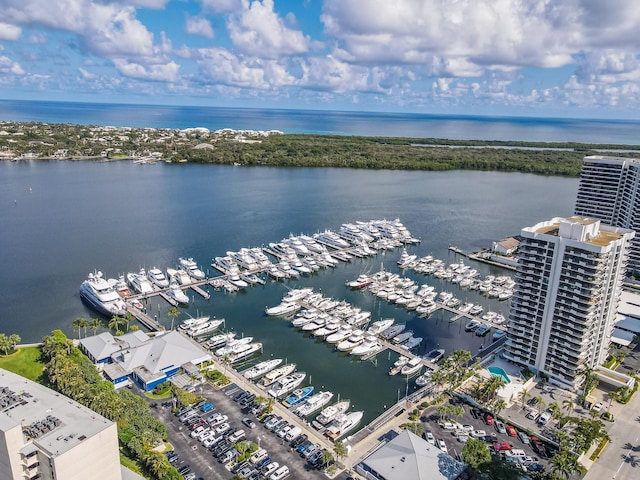 birds eye view of property featuring a water view