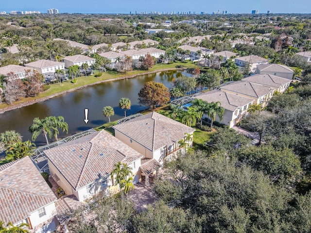 aerial view featuring a water view