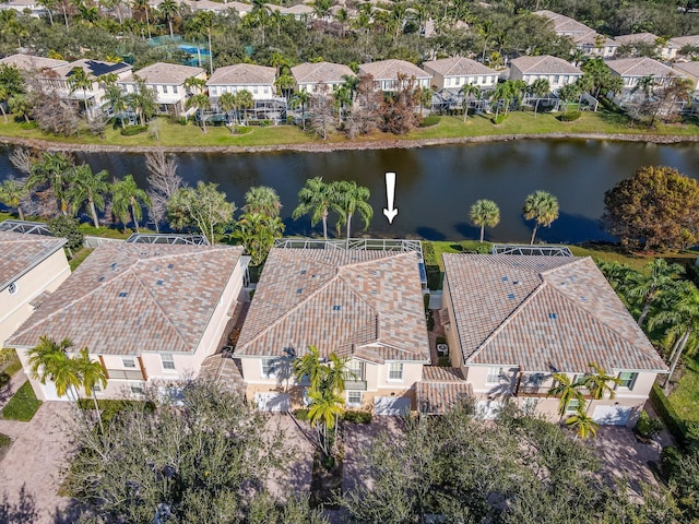 drone / aerial view with a water view