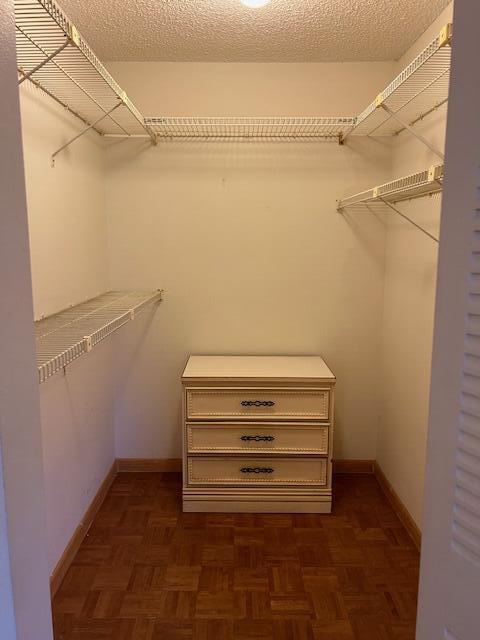 spacious closet with dark parquet floors