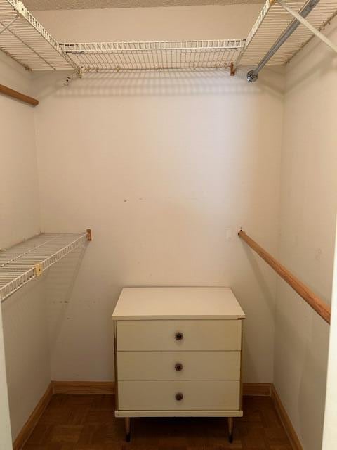 spacious closet featuring dark parquet floors