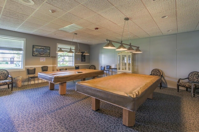 recreation room featuring pool table, carpet floors, and a drop ceiling