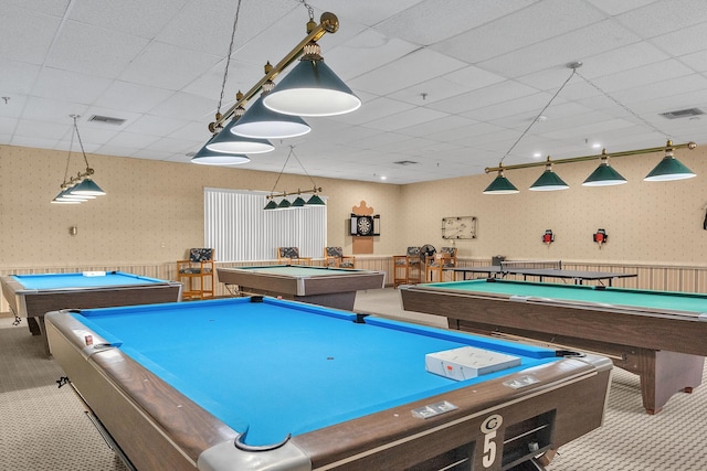 playroom featuring billiards, carpet flooring, and a drop ceiling