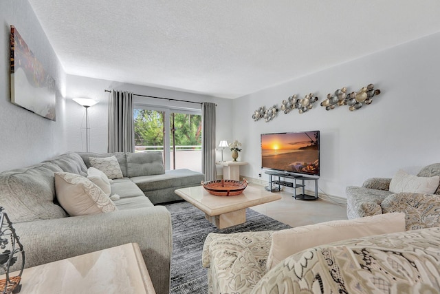 living room with a textured ceiling