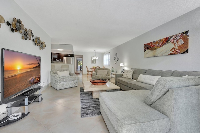 tiled living room with a textured ceiling