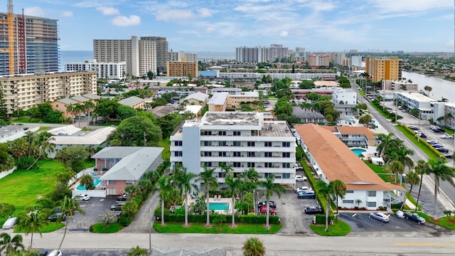 bird's eye view with a water view