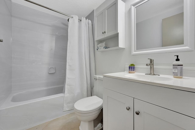 full bathroom featuring toilet, vanity, and shower / bathtub combination with curtain