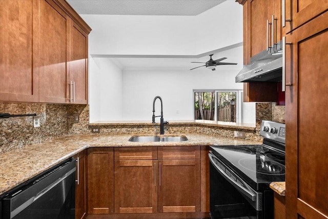 kitchen with dishwashing machine, sink, tasteful backsplash, light stone countertops, and black range with electric cooktop