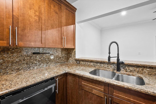 kitchen with sink, tasteful backsplash, crown molding, dishwasher, and light stone countertops