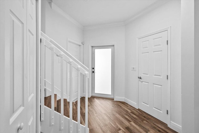 entrance foyer featuring dark wood-type flooring and crown molding