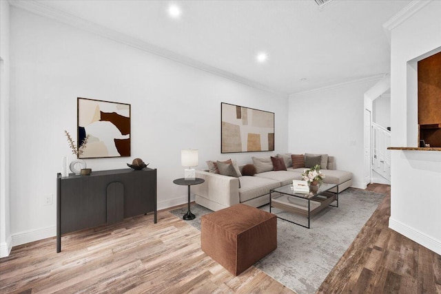 living room with crown molding and wood-type flooring