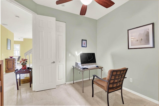 office area with ceiling fan