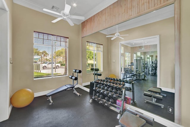 exercise room with crown molding and ceiling fan