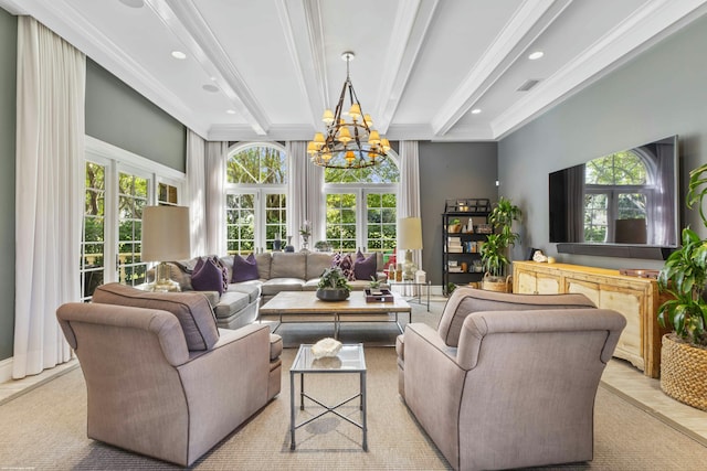 living room with beamed ceiling, ornamental molding, and an inviting chandelier