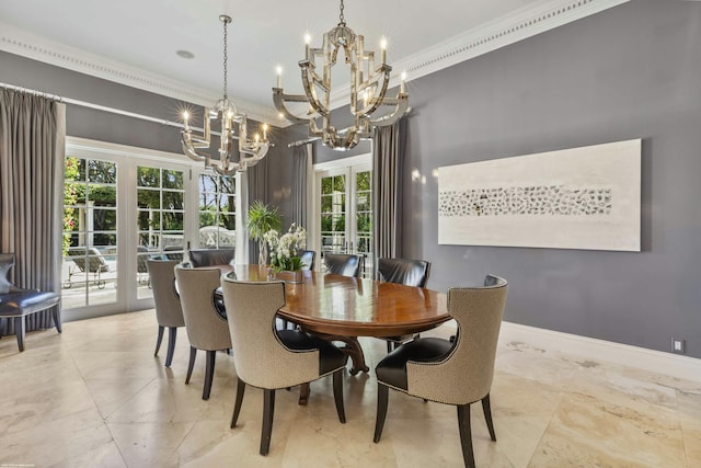 dining area featuring ornamental molding and a notable chandelier