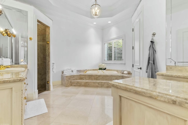 bathroom with crown molding, separate shower and tub, an inviting chandelier, and a raised ceiling