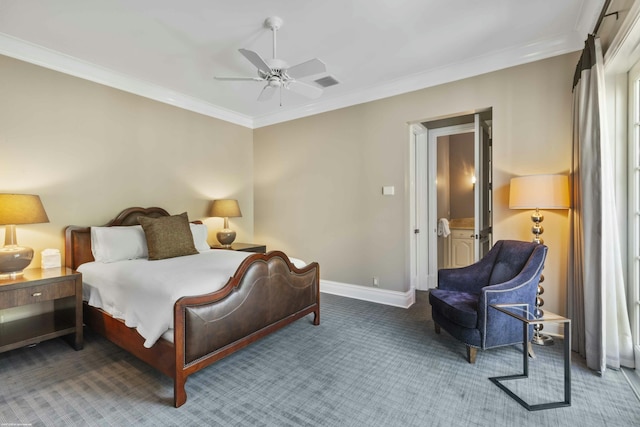 bedroom featuring crown molding, carpet, and ceiling fan