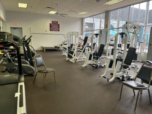 workout area with ceiling fan, visible vents, a drop ceiling, and a wealth of natural light