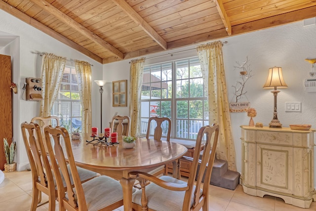 tiled dining area featuring lofted ceiling with beams, wooden ceiling, and a healthy amount of sunlight