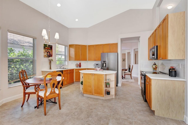 kitchen featuring a kitchen island, high vaulted ceiling, backsplash, hanging light fixtures, and stainless steel appliances