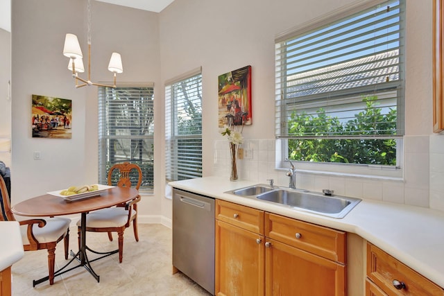 kitchen featuring pendant lighting, sink, backsplash, a wealth of natural light, and stainless steel dishwasher