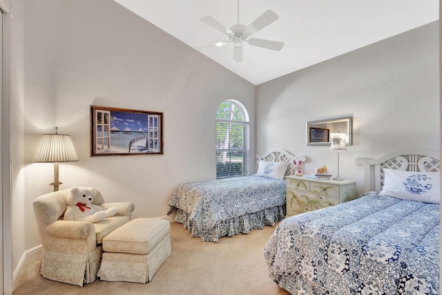 bedroom featuring carpet floors, ceiling fan, and vaulted ceiling