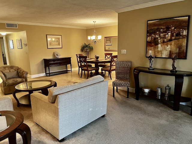 1292 High Point Pl S Unit B, Delray Beach, FL 33445 - living room featuring crown molding, a chandelier, baseboards, a textured ceiling, and light carpet