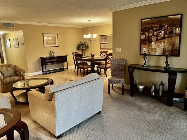 1292 High Point Pl S Unit B, Delray Beach, FL 33445 - living area featuring ornamental molding, a chandelier, light carpet, baseboards, and a textured ceiling