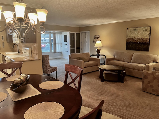 1292 High Point Pl S Unit B, Delray Beach, FL 33445 - living area with light carpet, ornamental molding, a textured ceiling, and a chandelier