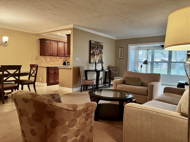 1292 High Point Pl S Unit B, Delray Beach, FL 33445 - living room featuring ornamental molding, light colored carpet, a textured ceiling, a chandelier, and baseboards