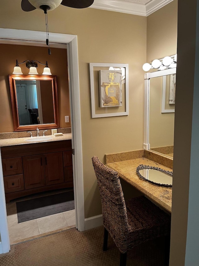 1292 High Point Pl S Unit B, Delray Beach, FL 33445 - bathroom with ornamental molding, vanity, ceiling fan, and tile patterned flooring