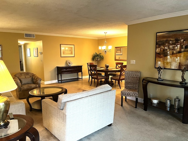 1292 High Point Pl S Unit B, Delray Beach, FL 33445 - living room with ornamental molding, a chandelier, a textured ceiling, and baseboards