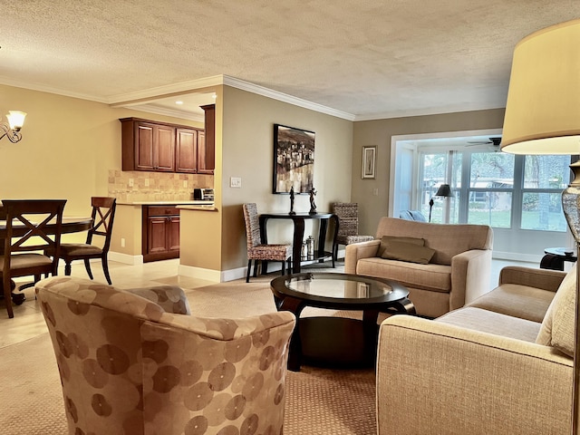 1292 High Point Pl S Unit B, Delray Beach, FL 33445 - living room featuring ornamental molding, light colored carpet, a textured ceiling, and a chandelier