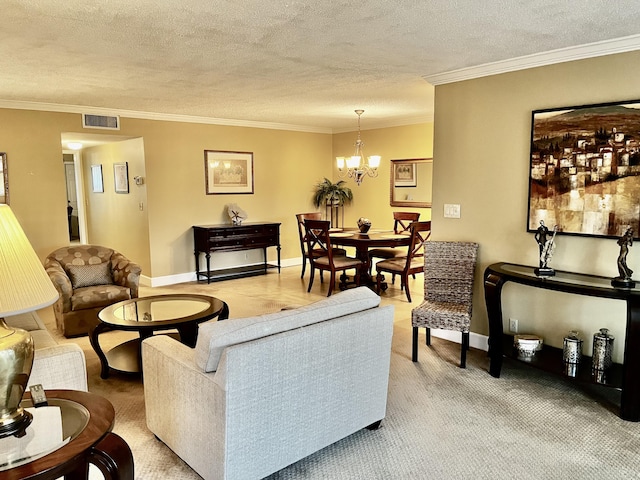 1292 High Point Pl S Unit B, Delray Beach, FL 33445 - living area with ornamental molding, a chandelier, and a textured ceiling
