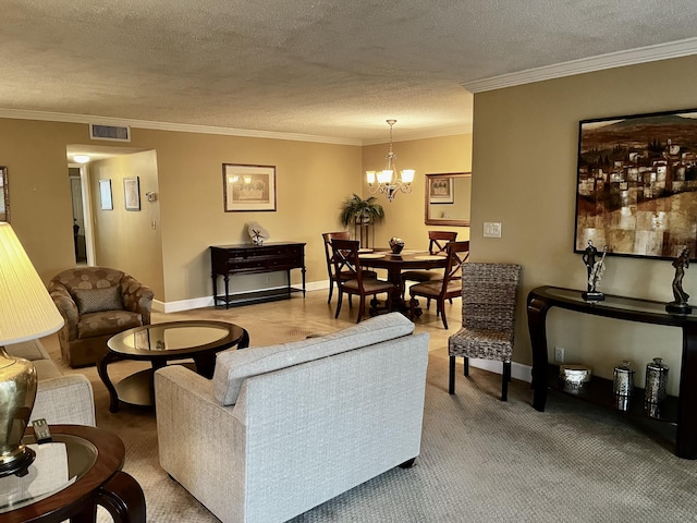 1292 High Point Pl S Unit B, Delray Beach, FL 33445 - living area featuring crown molding, a chandelier, a textured ceiling, and baseboards