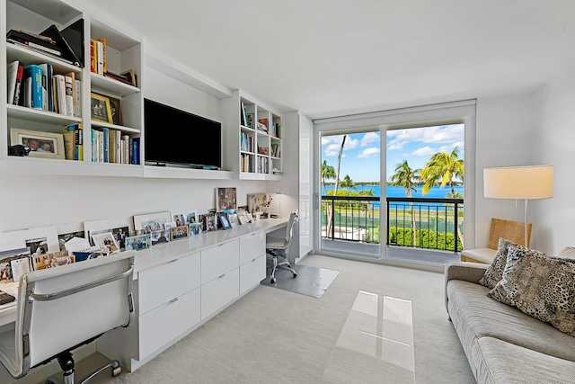 office featuring built in desk and light colored carpet