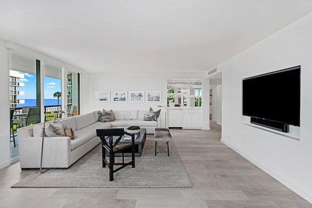 living room with expansive windows and light wood-type flooring