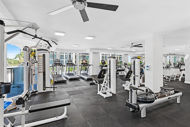 workout area with ceiling fan