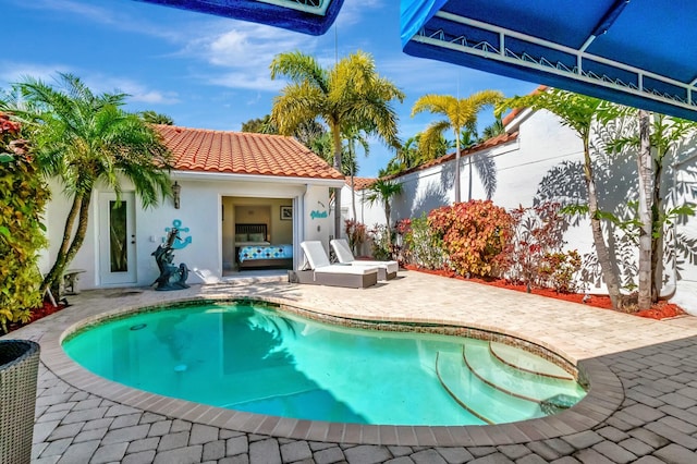 view of swimming pool featuring a patio