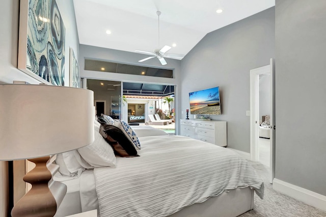 carpeted bedroom featuring high vaulted ceiling and ceiling fan