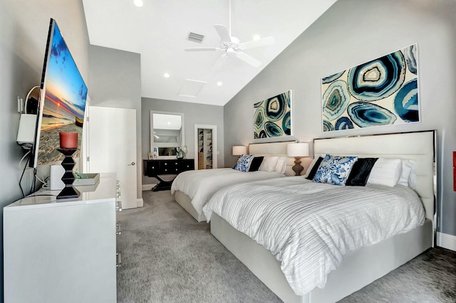 bedroom with ceiling fan, light colored carpet, and high vaulted ceiling