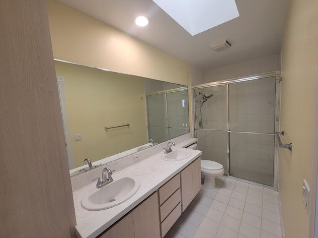 bathroom featuring walk in shower, vanity, toilet, and a skylight