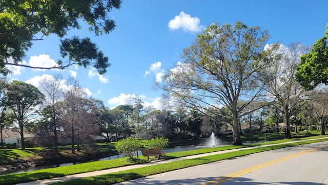 view of street with a water view