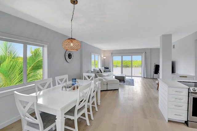 dining area with a water view and light hardwood / wood-style floors