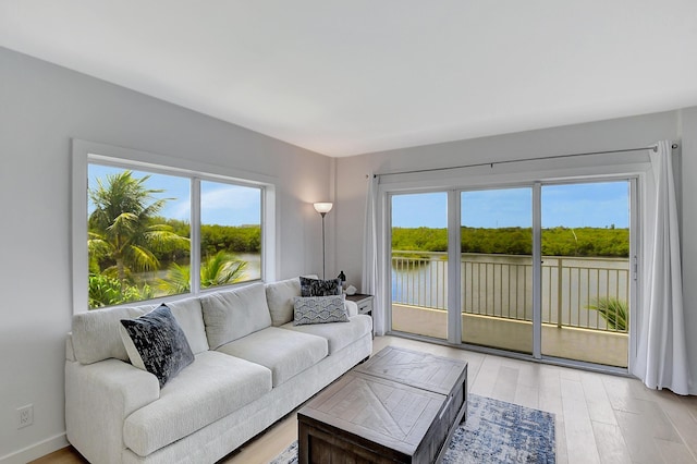 living room with light wood-style floors, a water view, and baseboards