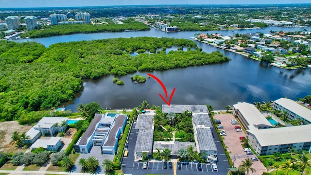 aerial view featuring a water view