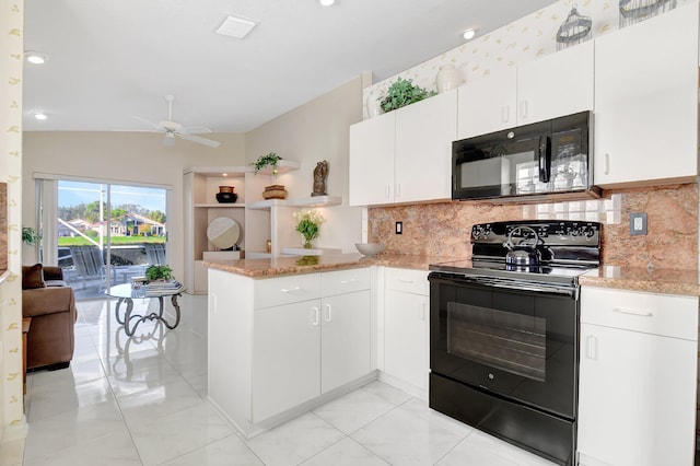 kitchen with decorative backsplash, kitchen peninsula, white cabinets, and black appliances