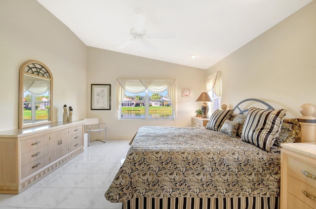 bedroom featuring ceiling fan and vaulted ceiling