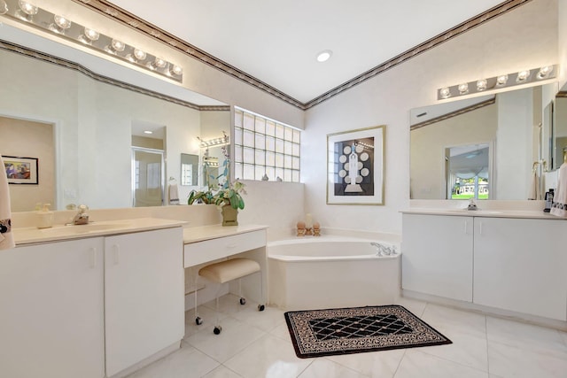 bathroom featuring crown molding, vanity, independent shower and bath, and tile patterned flooring